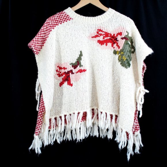 Twin-Set Sweaters - Twinset Simona Barbieri Poncho Floral Intarsia Knit Tie Sides Fringe Pullover